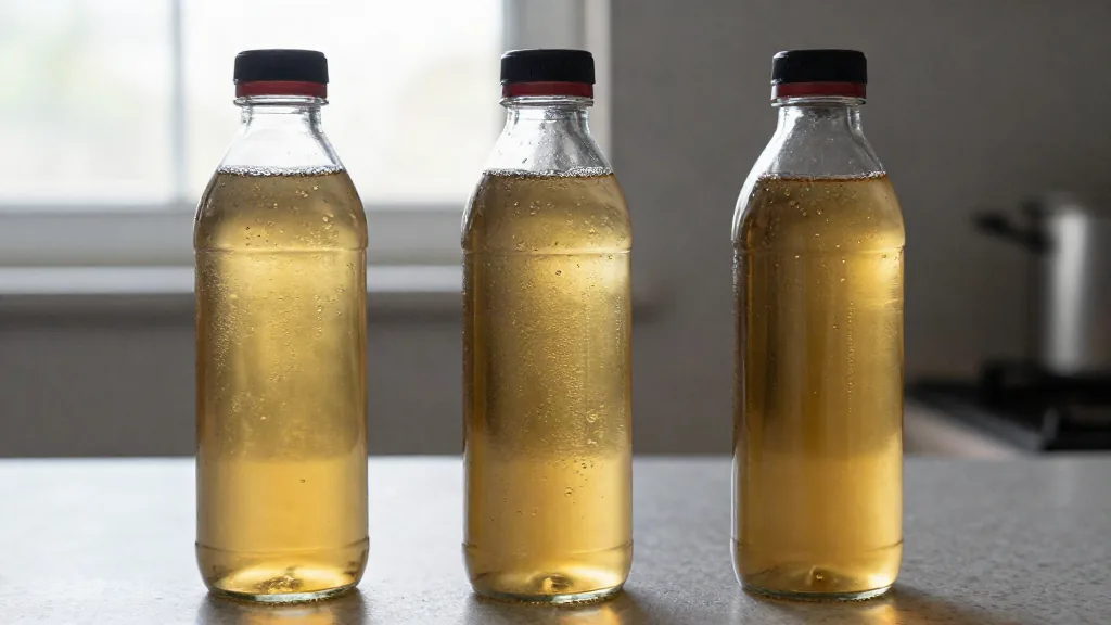 Tres botellas de té fermentado sobre una encimera