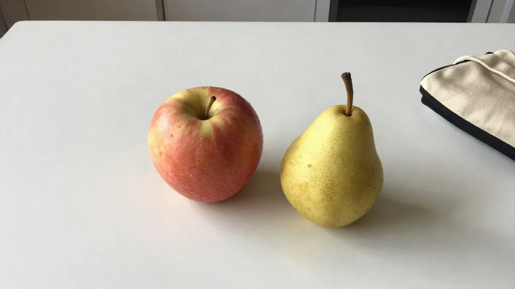 Mesa de cocina con una manzana, una pera y una bolsita